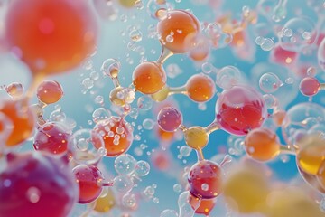 Poster - Abstract 3d rendering of colorful molecules floating and connecting on a light blue background