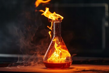 Poster - erlenmeyer flask burning with orange liquid and smoke in a chemistry laboratory