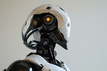 Poster - Futuristic robot with white and black armor is looking down