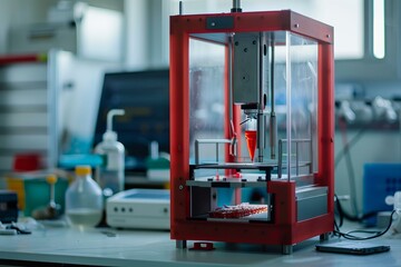 Poster - modern pharmaceutical equipment dispensing red liquid in a medical research laboratory
