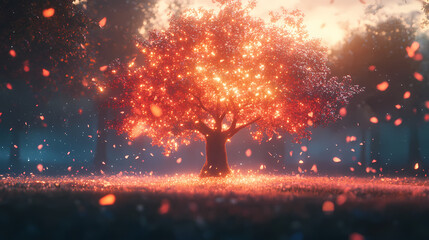 Poster - Enchanting, luminous tree in a magical forest. sparkling light particles surround the tree, creating a mystical and serene atmosphere. Luminous Forest Spirits. Illustration