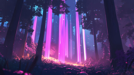 Wall Mural - A mysterious forest scene with luminous vertical strands of light, representing inspiration and lifting spirits in a tranquil setting full of enigma and beauty,. Luminous Forest Spirits. Illustration