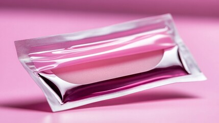 close-up of a package of pink eye patches with a patch inside ready to apply. the packaging is sleek