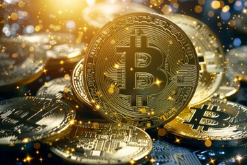 Poster - Golden bitcoin cryptocurrency coins dropping with sparkling lights background