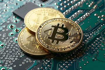 Poster - Golden bitcoin cryptocurrency coins are lying on a computer motherboard, concept of digital finance and mining of crypto currency