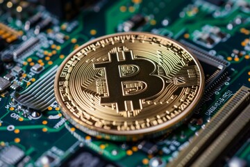 Poster - Golden bitcoin cryptocurrency coin is lying on a computer motherboard