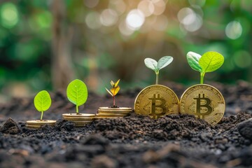 Poster - Plants growing from increasing stacks of coins showing the growth of passive income from cryptocurrency investment