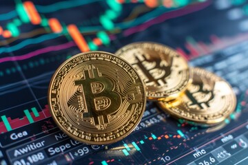 Poster - Bitcoin cryptocurrency coins are lying on a computer screen displaying graphs reflecting market volatility
