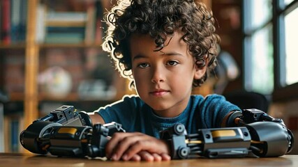Aufkleber - A young boy with curly hair sits at a table in a creative environment, proudly displaying his advanced robotic arms. He demonstrates curiosity and excitement for technology.