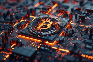 Poster - Bitcoin cryptocurrency symbol glowing on a futuristic circuit board, suggesting the future of finance and technology
