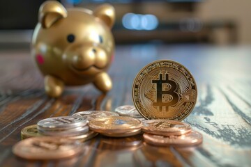 Poster - Gold colored piggy bank standing behind a bitcoin and other cryptocurrency coins on a desk