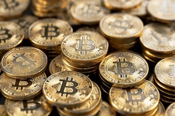 Poster - Shiny gold colored physical bitcoin coins stacked closely together showing the bitcoin symbol