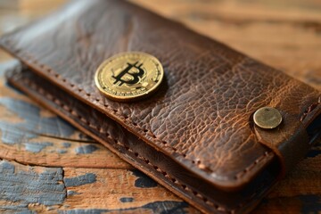 Poster - Golden bitcoin rests on a rustic leather wallet, hinting at the intersection of traditional finance and the digital world