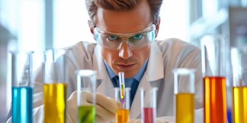 Aufkleber - a scientist in a lab focused on his experiment. he wears safety glasses and performs tests with colo