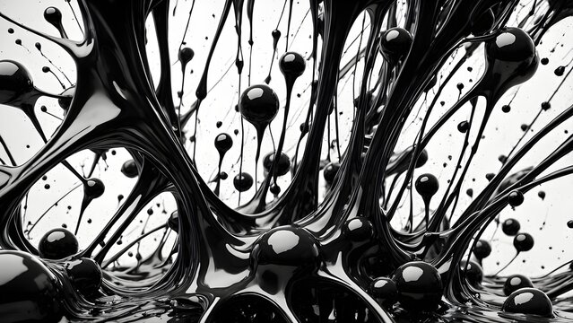 Abstract black liquid with spheres on a white background, forming a 3D organic structure.