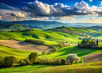 Wall Mural - Breathtaking Panoramic View of Tuscany's Spring Landscape Showcasing Lush Green Meadows and Plowed Fields Under a Clear Blue Sky