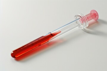 Poster - close up of a plastic pasteur pipette filled with red liquid, lying on a white surface, ideal for sc