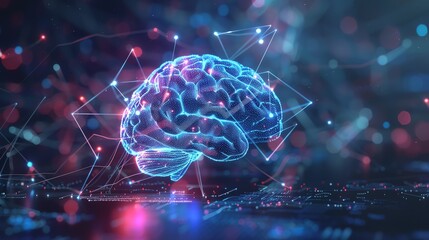 Poster - A digital illustration of a human brain made of glowing lines and data.