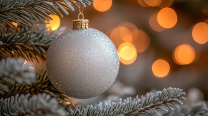 Canvas Print - Silver Christmas bauble on snowy tree branch with bokeh lights.