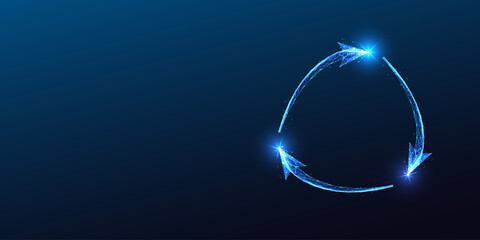 Wall Mural - Glowing circular arrows form recycling symbol on dark blue background. Sustainability concept.