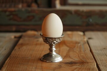 White boiled egg standing on a silver egg cup on a rustic wooden table, ready for breakfast