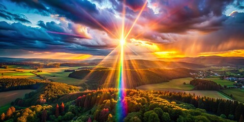 Poster - Captivating Drone Photography of a Spectrum Light Beam Radiating from a Brilliant Source in a Serene Landscape, Showcasing Nature's Vibrant Colors and Ethereal Beauty