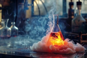 Poster - erlenmeyer flask containing a fiery chemical reaction emitting smoke in a science laboratory