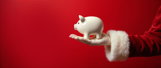 A white piggy bank is held by a Santa-clad arm, symbolizing holiday savings and financial planning on a bright red background.

