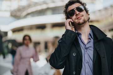 A confident businessman wearing sunglasses is talking on his phone outside. The urban setting and casual attire suggest a modern, relaxed approach to business communication.