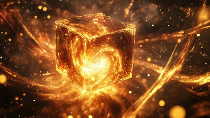 Poster - Glowing Golden Cube Surrounded by Sparkling Swirls and Cosmic Energy in a Mystical Universe Filled with Stars and Light Particles