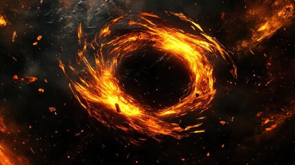 Poster - A Dynamic Abstract Illustration of a Whirling Fire Tornado Forming in the Dark Universe with Glowing Flames and Floating Debris in a Cosmic Setting