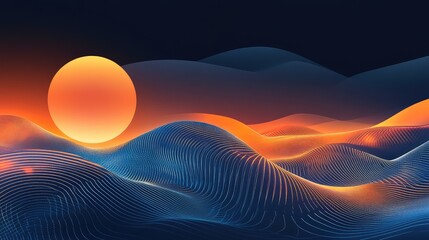 Poster - Abstract Landscape with Stylized Waves and Sunset, Featuring Flowing Lines and Warm Colors, Ideal for Technology, Nature, and Design Themes