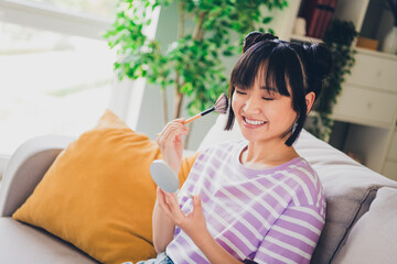 Wall Mural - Photo of pretty cheerful lady wear striped violet t-shirt applying powder indoors room home house