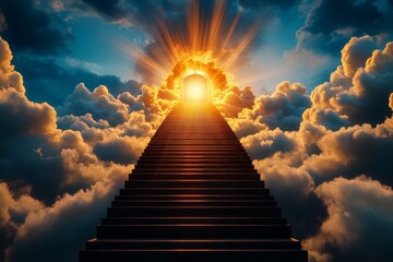 Poster - A breathtaking vision of a staircase winding upward into the sky, surrounded by layers of luminous clouds. At the top of the staircase stands a shimmering pearl gate, glowing with celestial