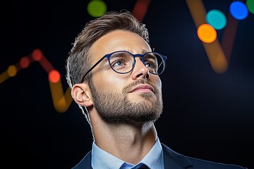 Poster - A business professional analyzing a report on a large monitor, with colorful bar and pie charts illuminated in the background