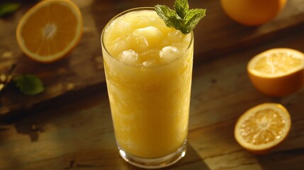 Poster - Refreshing Frozen Citrus Drink with Mint Garnish Served in a Clear Glass with Fresh Oranges in the Background Perfect for Summer Sipping and Cool Refreshment