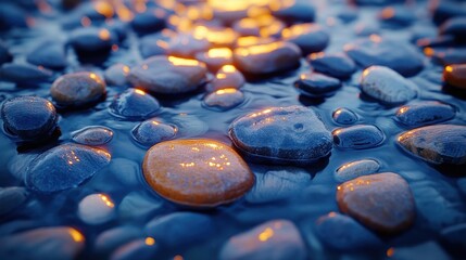 Poster - Wet, colorful stones reflecting sunset light.