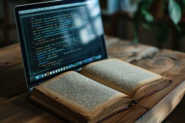 Poster - Antique book and modern laptop with programming code displayed on screen are juxtaposed on a wooden table, suggesting the evolution of knowledge and technology