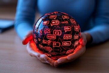 Poster - A futuristic concept of multilingual communication featuring a person holding a glowing holographic globe with speech bubbles containing text in various languages. The hologram is surrounded
