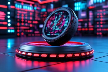 Aufkleber - A futuristic workspace with holographic data visuals floating in the air, showing trends and analytics in bright neon colors