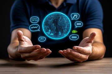 Poster - A high-tech representation of global language translation technology, showing a holographic globe hovering above a personâ€™s hands. The globe is surrounded by speech bubbles in multiple languages,