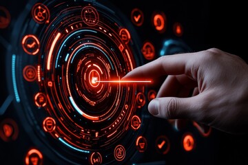 Aufkleber - A high-tech visual of a person interacting with a holographic interface, showing a loading bar progressing from 2024 to 2025. The interface is surrounded by icons representing annual planning,