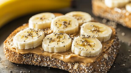 Poster - Delicious Slice of Whole Grain Bread Topped with Creamy Peanut Butter and Fresh Banana Slices, Sprinkled with Chia Seeds for a Healthy Snack Option