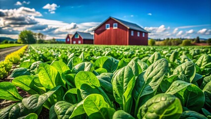 Wall Mural - Captivating Portrait of an Organic Spinach Farm with a Charming Red Barn Under a Clear Blue Sky, Emphasizing Freshness and Sustainable Agriculture Practices