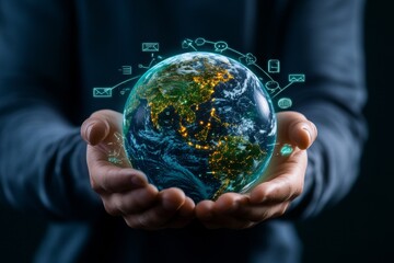 Poster - A person holding a vibrant holographic display of the Earth, surrounded by speech bubbles in various languages and translation icons. The display includes glowing arrows connecting different
