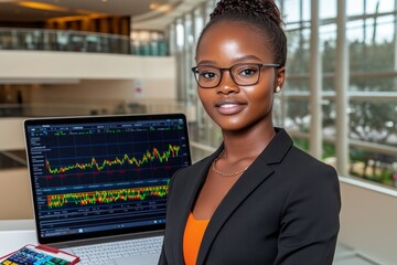Aufkleber - A professional African American woman wearing business attire, intently reviewing financial data on her laptop in a bright, open workspace. The screen displays colorful graphs and spreadsheets,