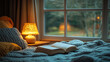 © YoursTrulyPhotos - cozy bedroom with soft lighting from a reading lamp, a book resting on the bed, creating a peaceful, inviting atmosphere perfect for relaxation and unwinding in comfort