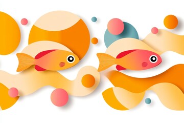 Fototapete - A simple silhouette of an aquarium with abstract fish shapes and bubbles in a clean, minimalist design