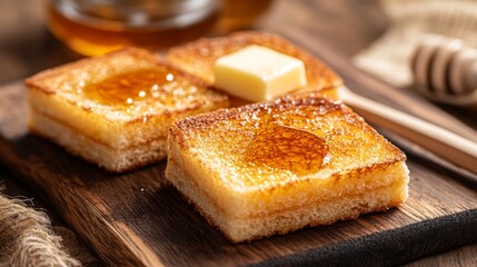 Poster - Golden Brown Toast with Melted Butter and Honey Drizzle on a Rustic Wooden Board, Ideal for Breakfast, Brunch, or Food Photography Inspiration