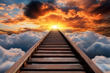 Poster - An awe-inspiring scene of a long, straight staircase stretching high into the clouds, leading to a radiant gate that emits a soft golden light. The surrounding sky is filled with warm hues of